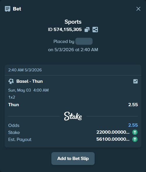 Bet slip: Basel - Thun, $22,000.00 stake at 2.55 odds, placed by Snake7