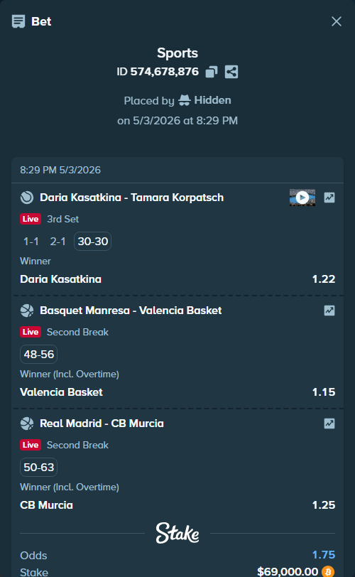 Bet slip: Basquet Manresa - Valencia Basket, $61,582.50 stake at 1.15 odds, placed by Hidden