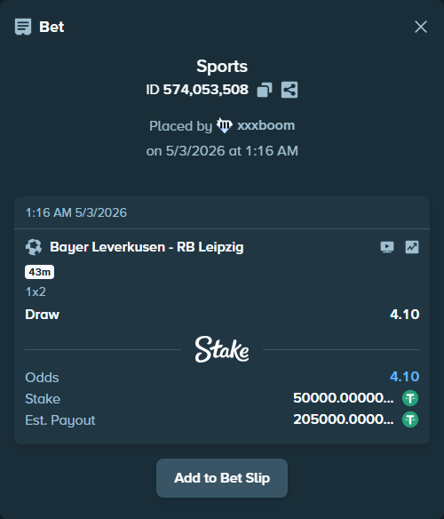 Bet slip: Bayer Leverkusen - RB Leipzig, $50,000.00 stake at 4.10 odds, placed by xxxboom
