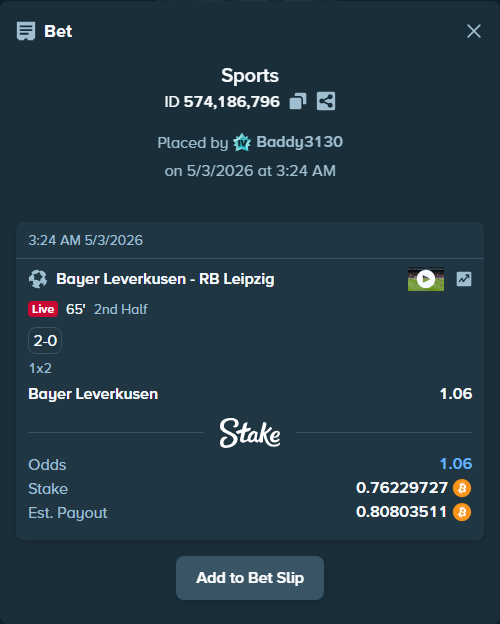 Bet slip: Bayer Leverkusen - RB Leipzig, $53,360.81 stake at 1.06 odds, placed by Baddy3130