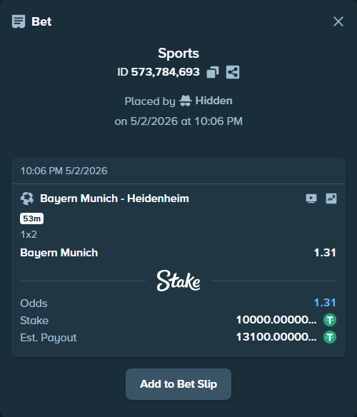 Bet slip: Bayern Munich - Heidenheim, $10,000.00 stake at 1.31 odds, placed by Hidden