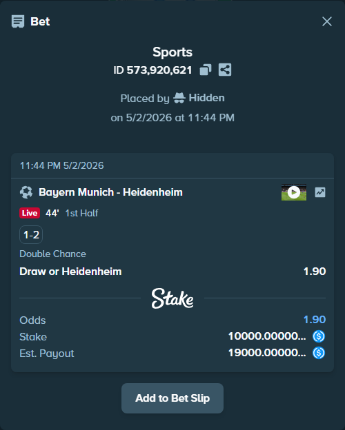 Bet slip: Bayern Munich - Heidenheim, $10,000.00 stake at 1.90 odds, placed by Hidden