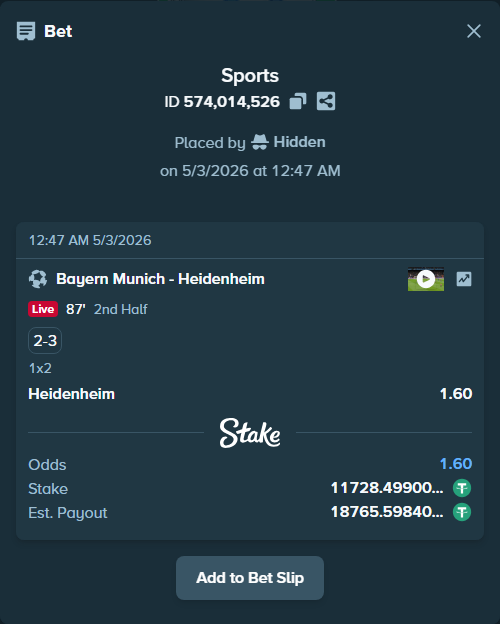 Bet slip: Bayern Munich - Heidenheim, $11,728.50 stake at 1.60 odds, placed by Hidden