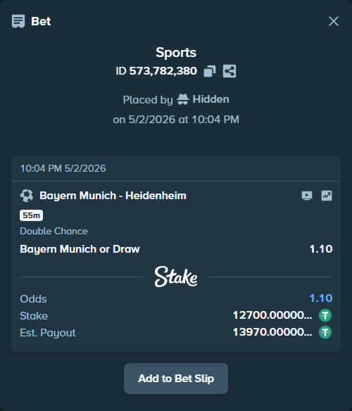 Bet slip: Bayern Munich - Heidenheim, $12,700.00 stake at 1.10 odds, placed by Hidden