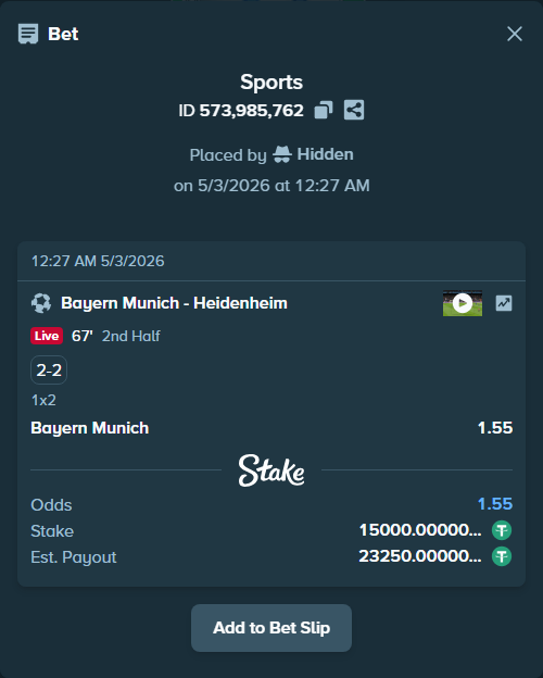 Bet slip: Bayern Munich - Heidenheim, $15,000.00 stake at 1.55 odds, placed by Hidden