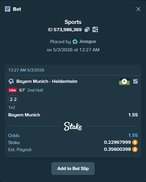 Bet slip: Bayern Munich - Heidenheim, $16,077.60 stake at 1.55 odds, placed by Jossgus