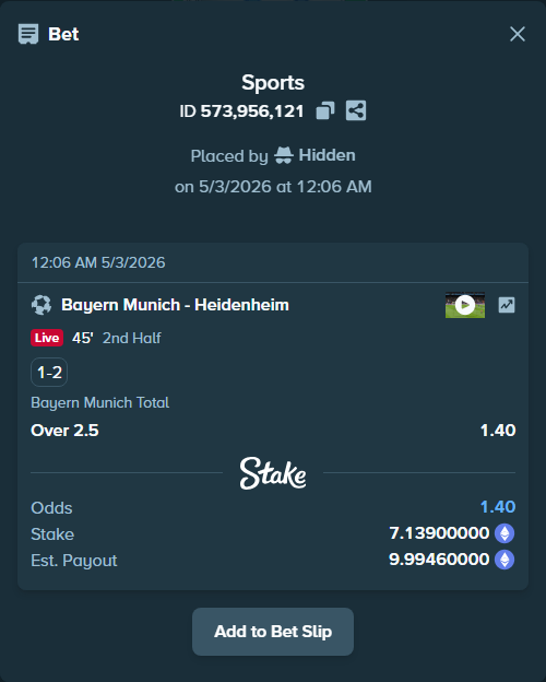 Bet slip: Bayern Munich - Heidenheim, $24,986.50 stake at 1.40 odds, placed by Hidden