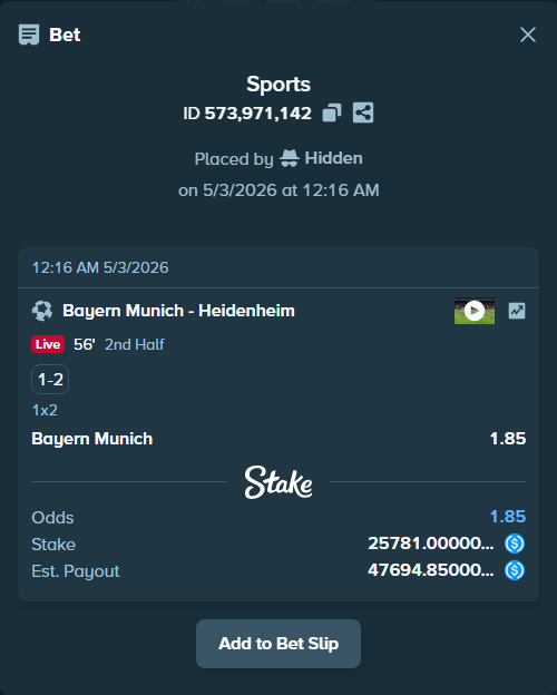 Bet slip: Bayern Munich - Heidenheim, $25,781.00 stake at 1.85 odds, placed by Hidden