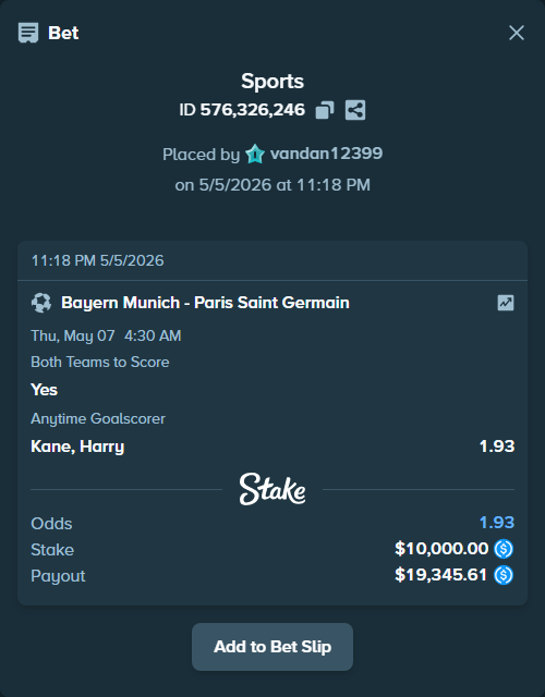 Bet slip: Bayern Munich - Paris Saint Germain, $10,000.00 stake at 1.27 odds, placed by vandan12399