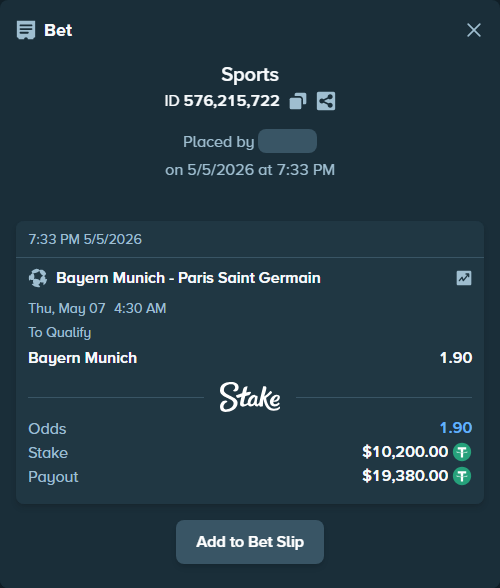 Bet slip: Bayern Munich - Paris Saint Germain, $10,200.00 stake at 1.90 odds, placed by ashaark