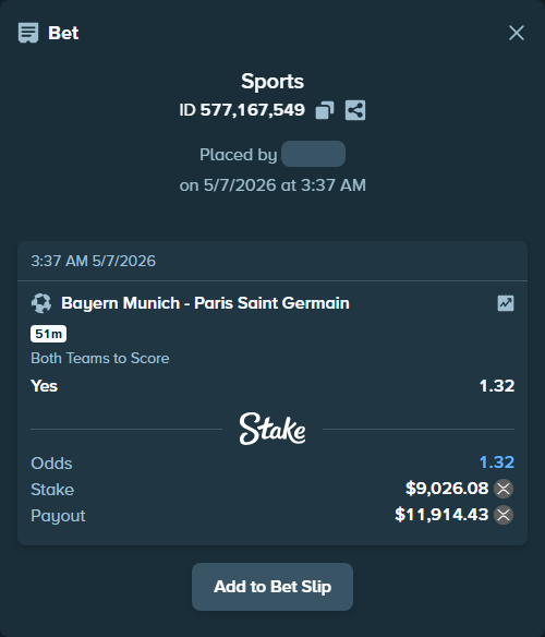 Bet slip: Bayern Munich - Paris Saint Germain, $15,824.98 stake at 1.32 odds, placed by Zayrox
