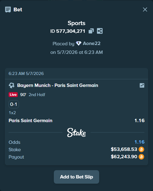 Bet slip: Bayern Munich - Paris Saint Germain, $46,200.00 stake at 1.16 odds, placed by Aone22