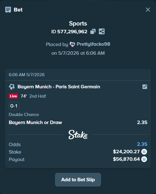 Bet slip: Bayern Munich - Paris Saint Germain, $54,063.42 stake at 2.35 odds, placed by Prettylfacko98