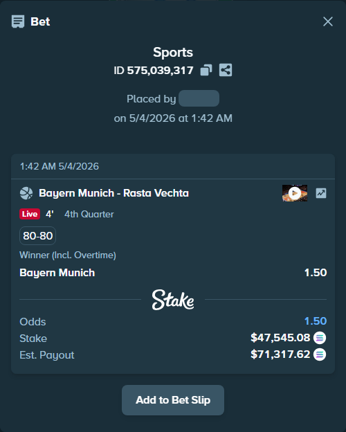 Bet slip: Bayern Munich - Rasta Vechta, $112,967.10 stake at 1.50 odds, placed by Prettylfacko98