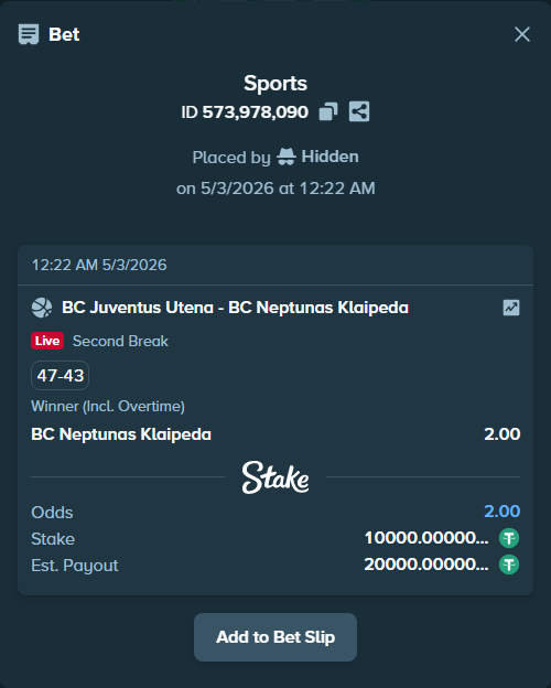 Bet slip: BC Juventus Utena - BC Neptunas Klaipeda, $10,000.00 stake at 2.00 odds, placed by Hidden