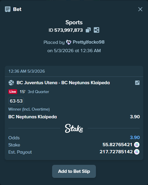 Bet slip: BC Juventus Utena - BC Neptunas Klaipeda, $11,165.53 stake at 3.90 odds, placed by Prettylfacko98