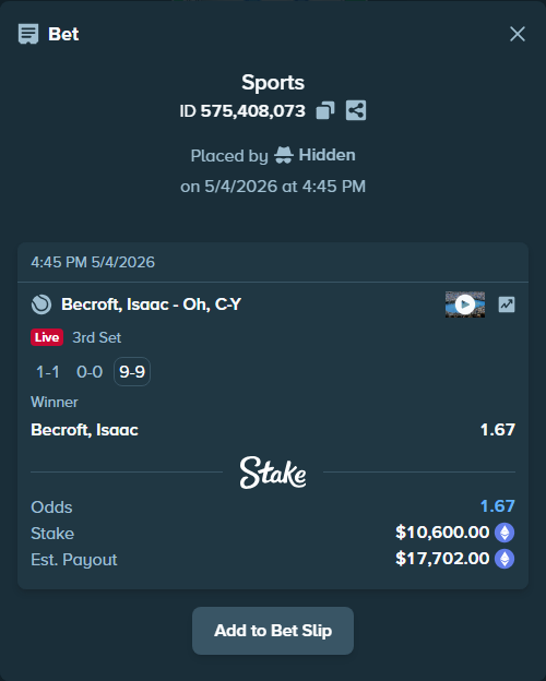 Bet slip: Becroft, Isaac - Oh, C-Y, $15,656.20 stake at 1.67 odds, placed by Hidden