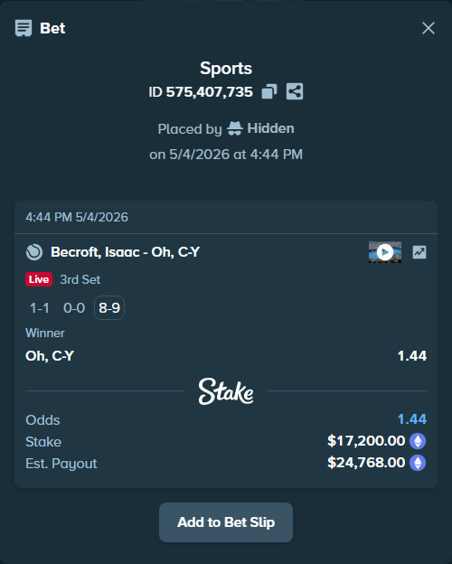 Bet slip: Becroft, Isaac - Oh, C-Y, $25,404.40 stake at 1.44 odds, placed by Hidden