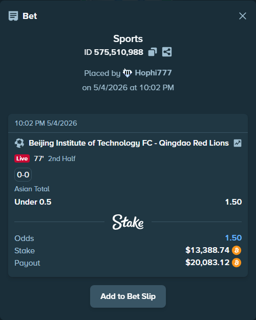 Bet slip: Beijing Institute of Technology - Qingdao Red Lions, $11,893.22 stake at 1.50 odds, placed by Hophi777