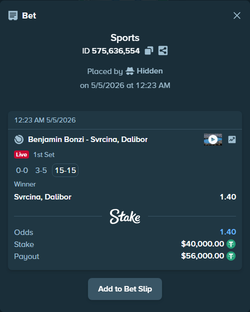 Bet slip: Benjamin Bonzi - Svrcina, Dalibor, $40,000.00 stake at 1.40 odds, placed by Hidden
