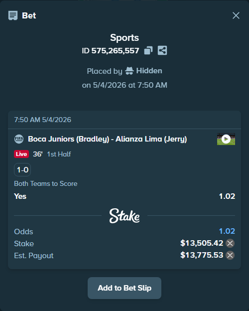 Bet slip: Boca Juniors (Bradley) - Alianza Lima (Jerry), $24,144.32 stake at 1.02 odds, placed by Hidden