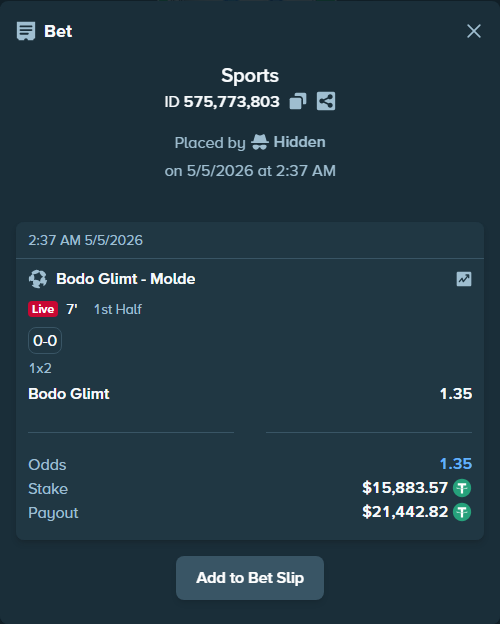 Bet slip: Bodo Glimt - Molde, $15,883.57 stake at 1.35 odds, placed by Hidden