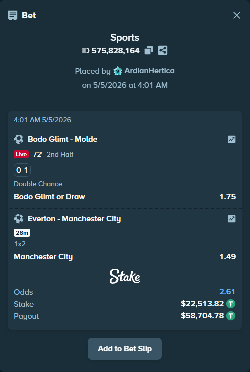 Bet slip: Bodo Glimt - Molde, $22,513.82 stake at 1.75 odds, placed by ArdianHertica