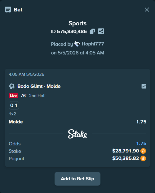 Bet slip: Bodo Glimt - Molde, $25,112.29 stake at 1.75 odds, placed by Hophi777