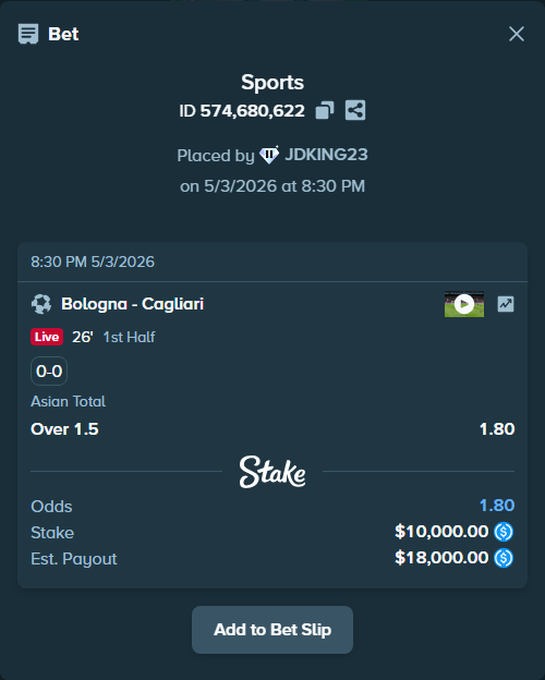Bet slip: Bologna - Cagliari, $10,000.00 stake at 1.80 odds, placed by JDKING23