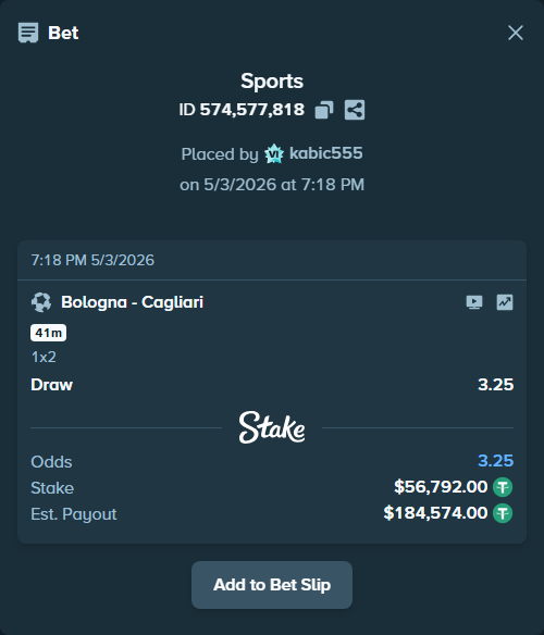 Bet slip: Bologna - Cagliari, $56,792.00 stake at 3.25 odds, placed by kabic555
