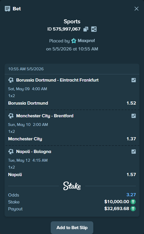 Bet slip: Borussia Dortmund - Eintracht Frankfurt, $10,000.00 stake at 1.52 odds, placed by Maxprof
