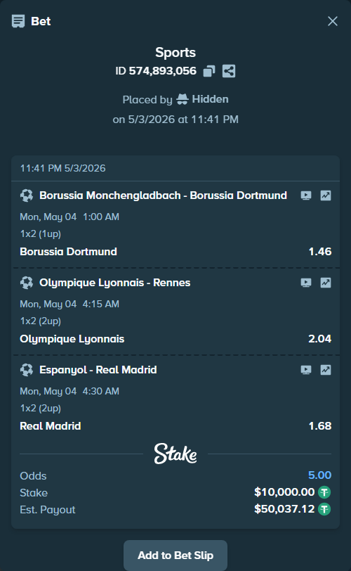 Bet slip: Borussia Monchengladbach - Borussia Dortmund, $10,000.00 stake at 1.46 odds, placed by Hidden