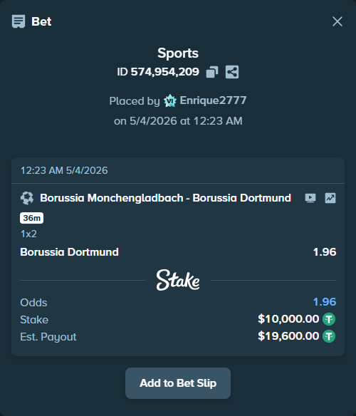 Bet slip: Borussia Monchengladbach - Borussia Dortmund, $10,000.00 stake at 1.96 odds, placed by Enrique2777