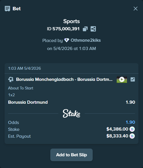 Bet slip: Borussia Monchengladbach - Borussia Dortmund, $10,412.36 stake at 1.90 odds, placed by Othmane2kiks