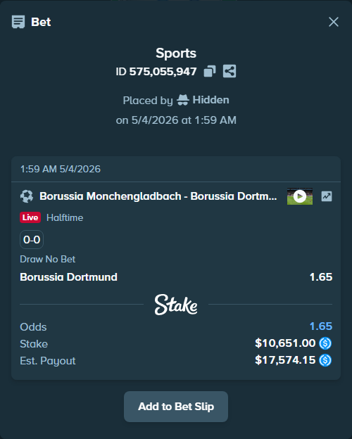 Bet slip: Borussia Monchengladbach - Borussia Dortmund, $10,651.00 stake at 1.65 odds, placed by Hidden
