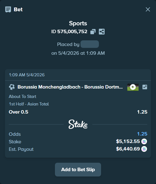 Bet slip: Borussia Monchengladbach - Borussia Dortmund, $12,232.16 stake at 1.25 odds, placed by yopam