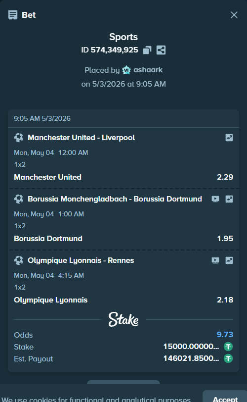 Bet slip: Borussia Monchengladbach - Borussia Dortmund, $15,000.00 stake at 1.95 odds, placed by ashaark