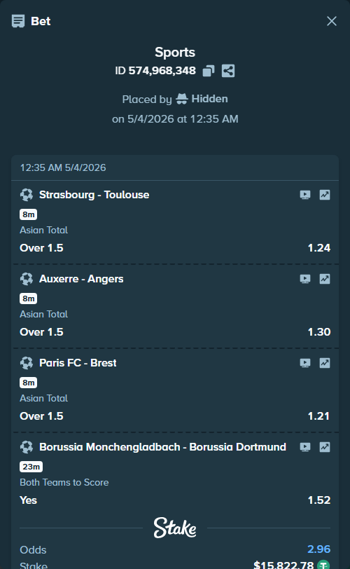 Bet slip: Borussia Monchengladbach - Borussia Dortmund, $15,822.78 stake at 1.52 odds, placed by Hidden
