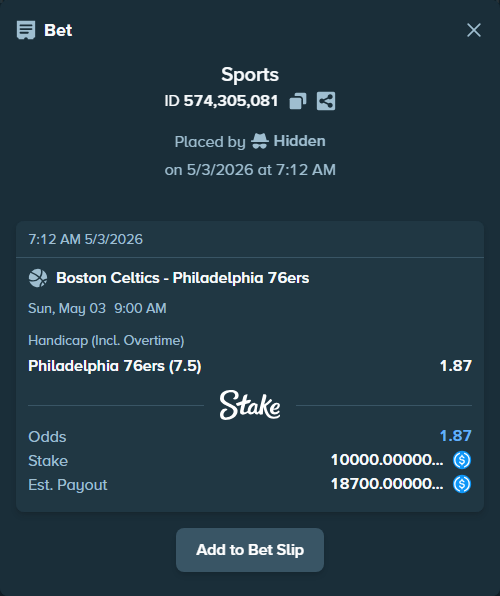 Bet slip: Boston Celtics - Philadelphia 76ers, $10,000.00 stake at 1.87 odds, placed by Hidden