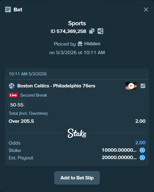 Bet slip: Boston Celtics - Philadelphia 76ers, $10,000.00 stake at 2.00 odds, placed by Hidden