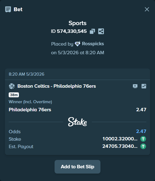 Bet slip: Boston Celtics - Philadelphia 76ers, $10,002.32 stake at 2.47 odds, placed by Rosspicks