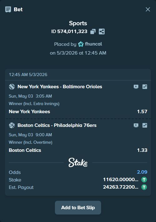 Bet slip: Boston Celtics - Philadelphia 76ers, $11,620.00 stake at 1.33 odds, placed by fhuncal