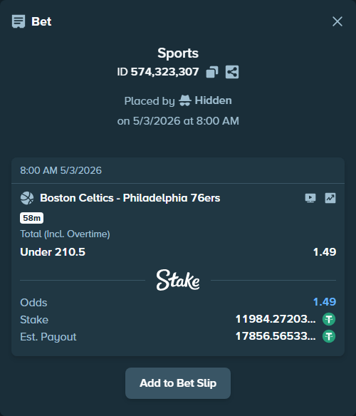 Bet slip: Boston Celtics - Philadelphia 76ers, $11,984.27 stake at 1.49 odds, placed by Hidden