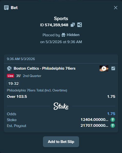 Bet slip: Boston Celtics - Philadelphia 76ers, $12,404.00 stake at 1.75 odds, placed by Hidden
