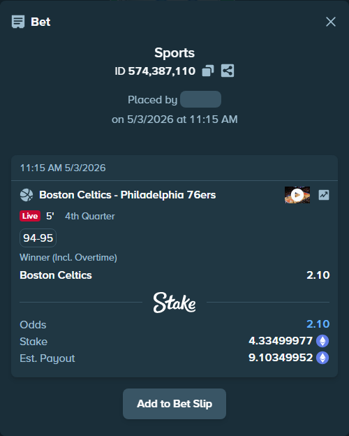 Bet slip: Boston Celtics - Philadelphia 76ers, $15,172.50 stake at 2.10 odds, placed by AustinAlgamus