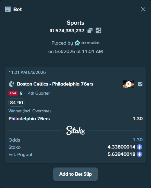 Bet slip: Boston Celtics - Philadelphia 76ers, $15,183.00 stake at 1.30 odds, placed by azosuka
