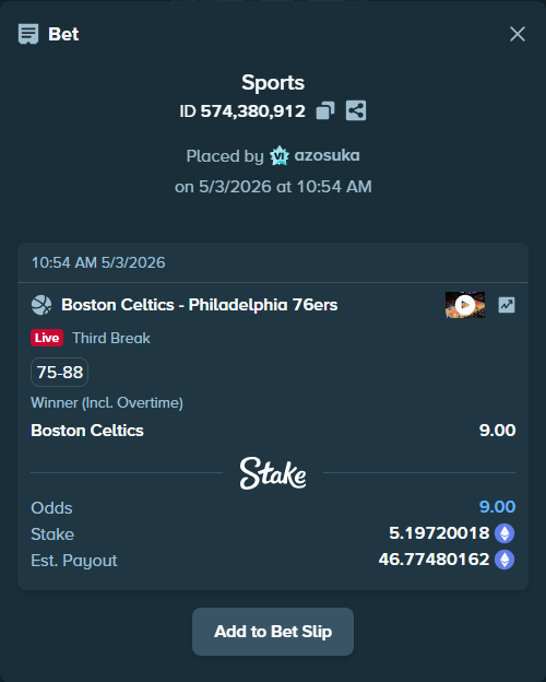 Bet slip: Boston Celtics - Philadelphia 76ers, $18,190.20 stake at 9.00 odds, placed by azosuka