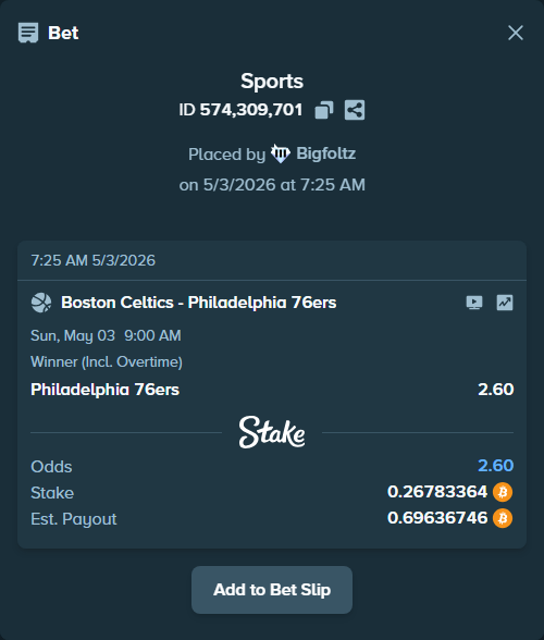 Bet slip: Boston Celtics - Philadelphia 76ers, $18,748.35 stake at 2.60 odds, placed by Bigfoltz