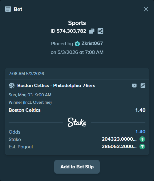 Bet slip: Boston Celtics - Philadelphia 76ers, $204,323.00 stake at 1.40 odds, placed by Zkrist067
