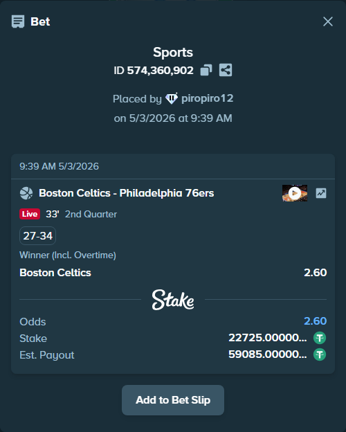 Bet slip: Boston Celtics - Philadelphia 76ers, $22,725.00 stake at 2.60 odds, placed by piropiro12